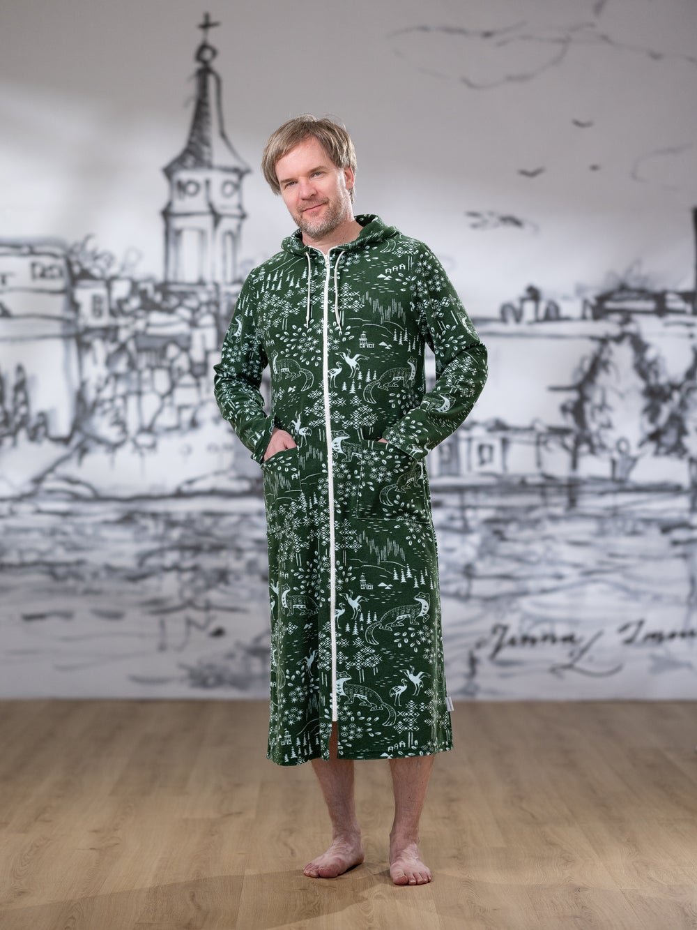 SAUNAtakki men's bathrobe (Pohjoisen kutsu pine stretch terry)